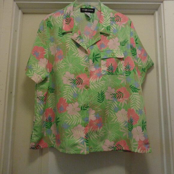 TROPICAL PARADISE GIRL LIME W PINK FLOWERS SHIRT BLOUSE BY SAG HARBOR X LG - Picture 2 of 7